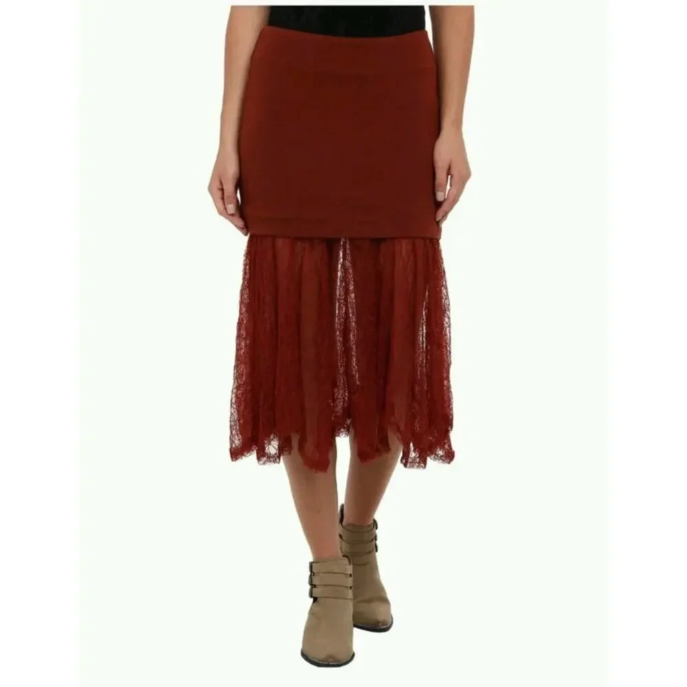 Free People Two For One Sheer Lace Midi Skirt | XS | Red Rust